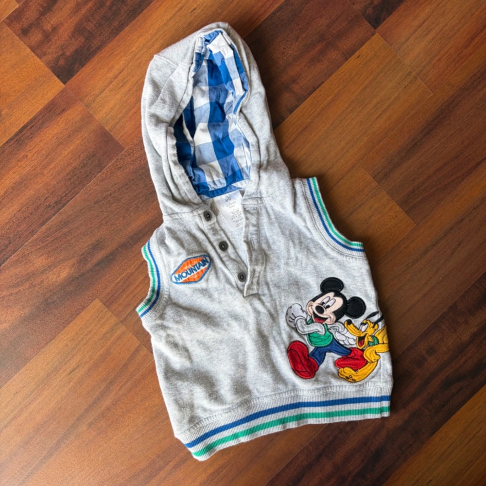 Disney Mickey Mouse Pluto Sleeveless Hoodie Vest Gray Henley Kids 18M